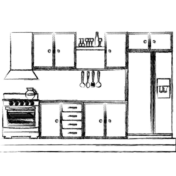 монохромний ескіз кухонних шаф з плитою і холодильником
 - Вектор, зображення