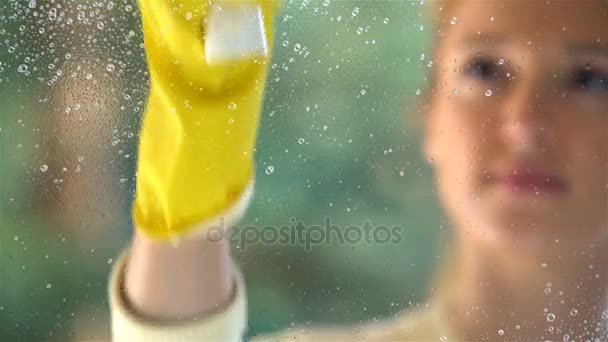 Young attractive woman cleaning a window. Dolly shot. - Footage, Video