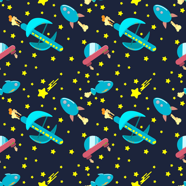 Seamless flat pattern with rocket, ufo and stars. - Vetor, Imagem