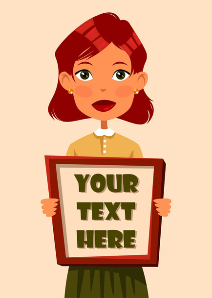 Young woman holding frame with inscription - Vector, Image