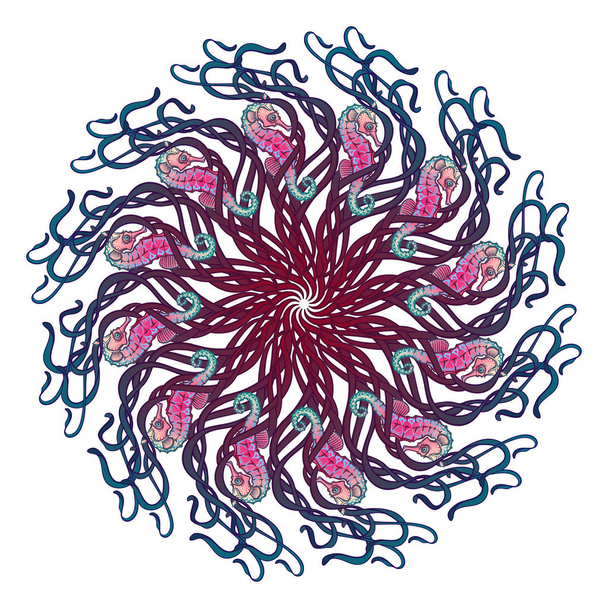 Ornamento circolare con cavalluccio marino Nautilus Pompilius e altre creature marine in stile Liberty. Composizione intricata, colori brillanti
 - Vettoriali, immagini