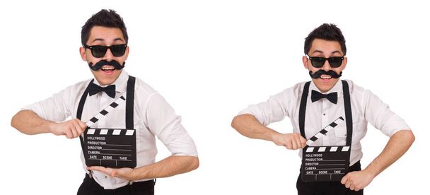 Whiskered man with clapperboard holding isolated on white - Photo, Image