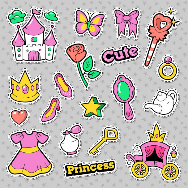 Значки принцессы, пластыри, наклейки с короной, замок, сердце, кольцо. Векторная иллюстрация
 - Вектор,изображение