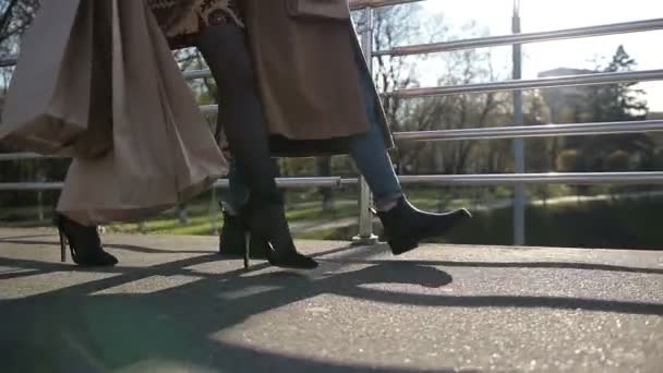 Zijaanzicht van vrouwtjes benen lopen op brug - Video