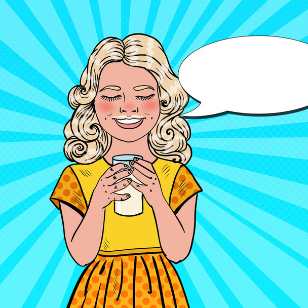 幸せな少女は、牛乳を飲みます。健康的な食事。ポップアートのベクトル図 - ベクター画像