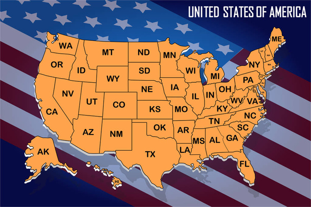 Mapa de pôster dos Estados Unidos da América com nomes de estados no fundo da bandeira
 - Vetor, Imagem