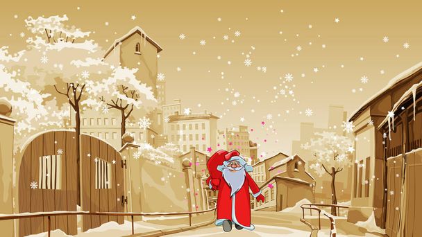 cartone animato Father Frost con sacchetto regalo passeggiate su una strada del centro storico
 - Vettoriali, immagini