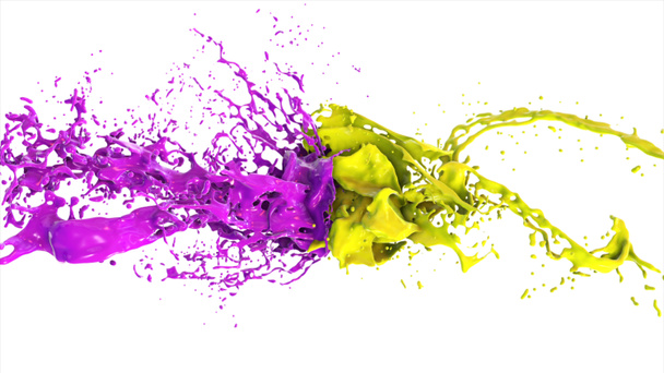 Μοβ και κίτρινο υγρό συγκρούονται, σταγόνες splatter πετούν προς τα πλάγια σε λευκό φόντο απομονωμένες - Φωτογραφία, εικόνα