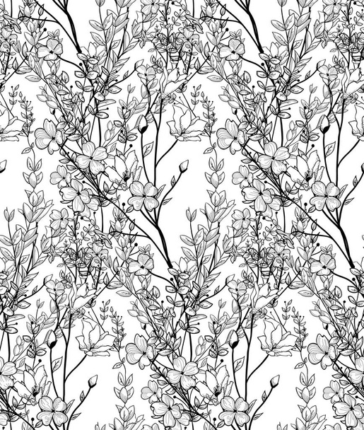Vector Black Seamless Pattern with Drawn Flowers, Branches, Plants - Vector, imagen