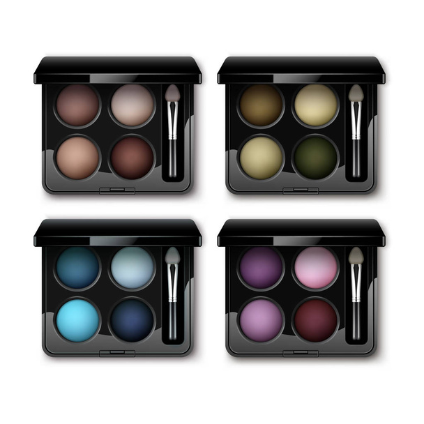 Vector Set of Round MultiColored Eye Shadows in Black Rectangular Plastic Case with Makeup Brush Applicator - Vector, Image