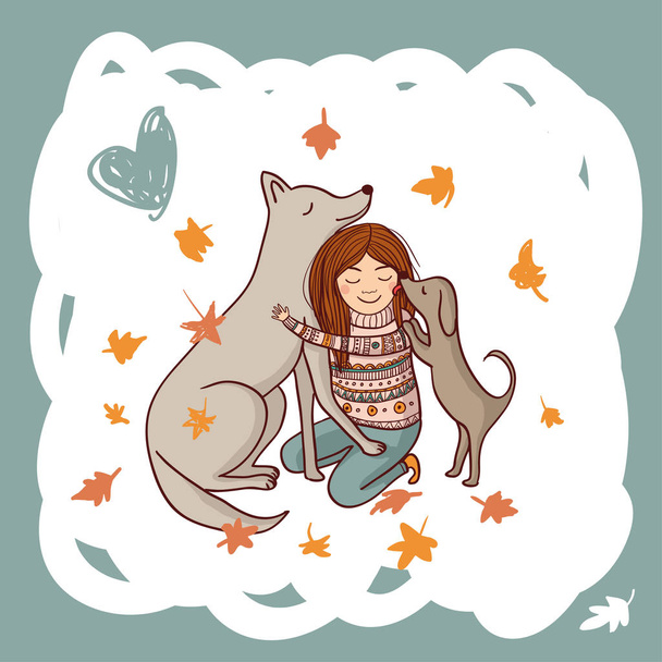 ragazza con i cani in autunno illustrazione
 - Vettoriali, immagini