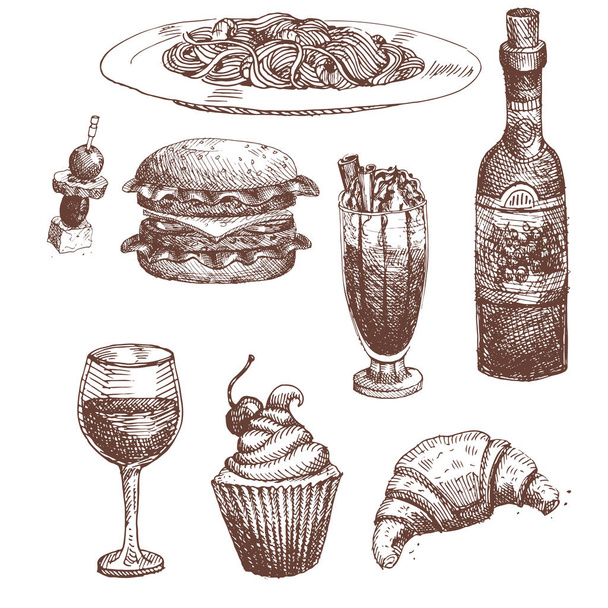 Ręcznie rysowane żywności szkic dla menu restauracji produktu i doodle posiłku kuchni wektor ilustracja. - Wektor, obraz