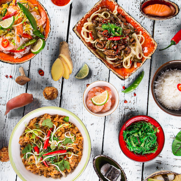 Various of asian meals on rustic background , top view , place for text. - Фото, зображення