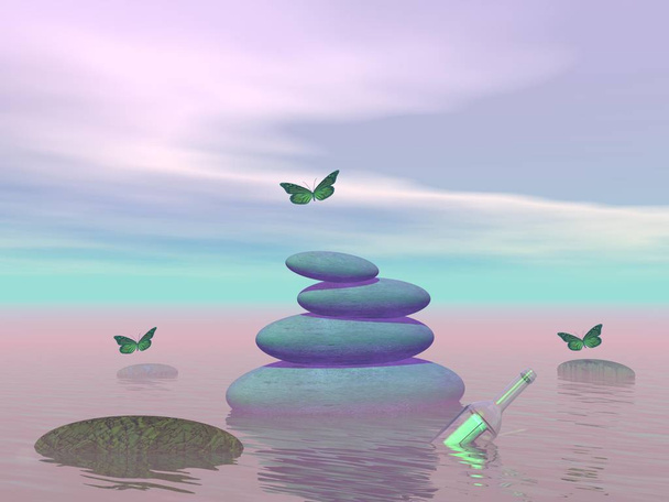 Schmetterlinge im Flug in einer Zen-Landschaft - 3D-Darstellung - Foto, Bild