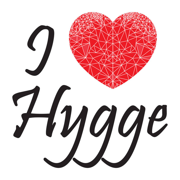 Λατρεύω hygge πινακίδα με γεωμετρικά καρδιά σχήμα εμπνευσμένο από την Σκανδιναβική τέχνη, συμβολίζοντας τη δανική Life style  - Διάνυσμα, εικόνα