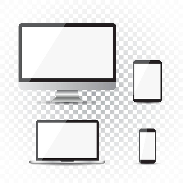 Ρεαλιστική συσκευής flat εικονίδια: smartphone, tablet, laptop και desktop υπολογιστή. Εικονογράφηση διάνυσμα σε απομονωμένες φόντο - Διάνυσμα, εικόνα