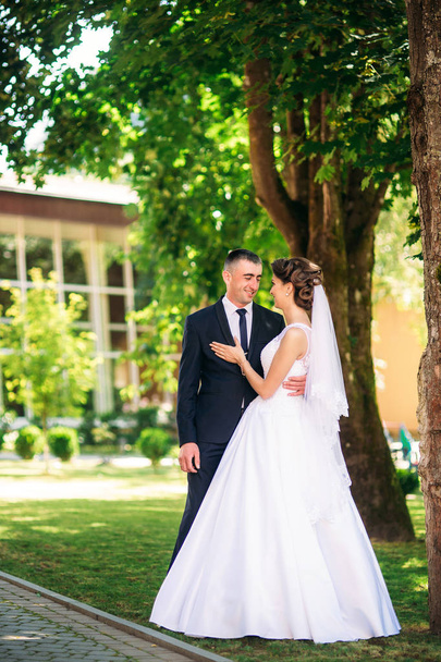 Beautiful couple walking in the park in their wedding day. Sunny weather. - Fotografie, Obrázek