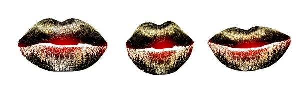 Make-up for lips, set of beautiful lips with lipstick. Original lipstick for the girl is bronze, gold and red. Shiny kiss isolated on white background. Makeup for dark skin - Photo, Image