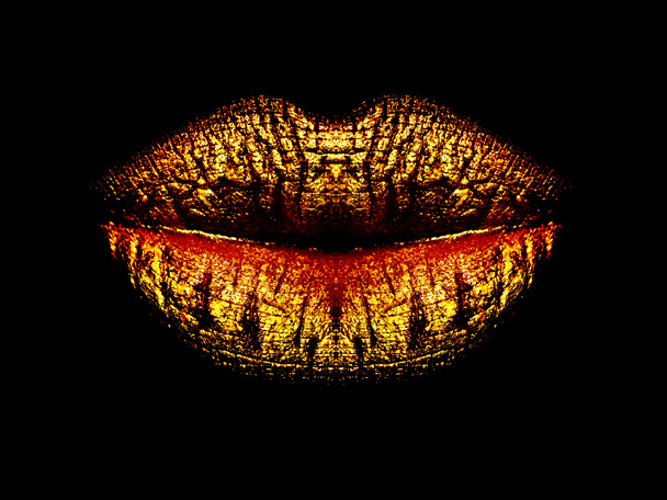 Sorriso dourado no fundo preto. Lábios femininos com batom original incomum
 - Foto, Imagem