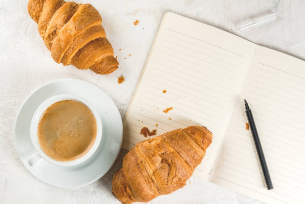 Coffee, croissants and notepad - Fotoğraf, Görsel