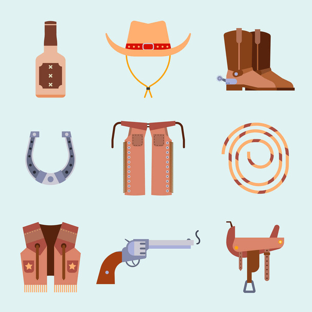 Wild west elemek ikonok cowboy rodeo berendezések és a különböző kiegészítők vektoros illusztráció. - Vektor, kép