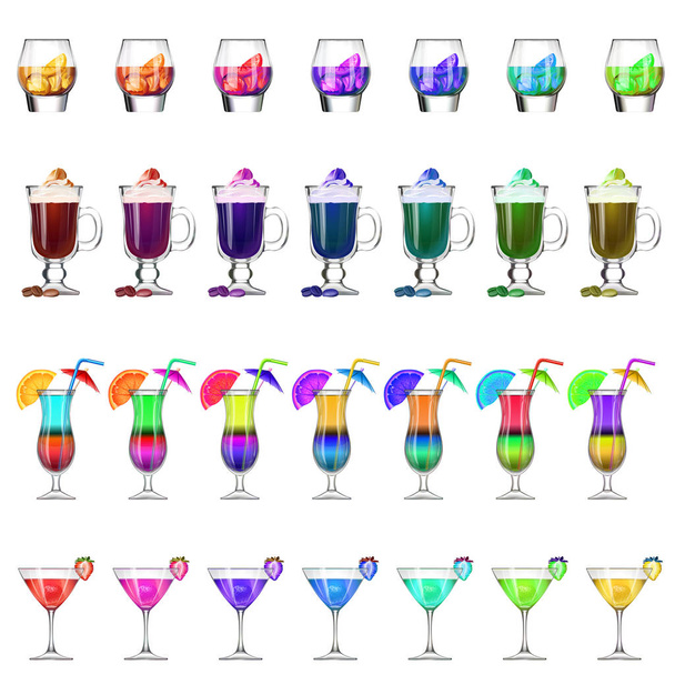 Set of stemware and glasses with cocktail - Vector, afbeelding