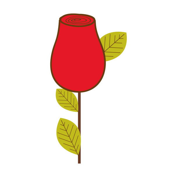 dibujo colorido capullo de rosa rojo con hojas y tallo
 - Vector, imagen