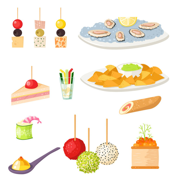 Diversos bocadillos de canapé de carne aperitivo aperitivos de banquete de pescado y queso en la ilustración vector de plato
. - Vector, imagen