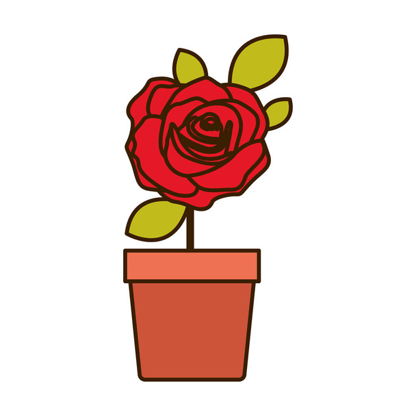colorful flowered red rose with leaves and stem in flowerpot - Vector, Image
