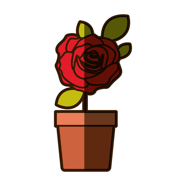 dibujo colorido sombreado rosa roja con flores con hojas y tallo en maceta
 - Vector, imagen