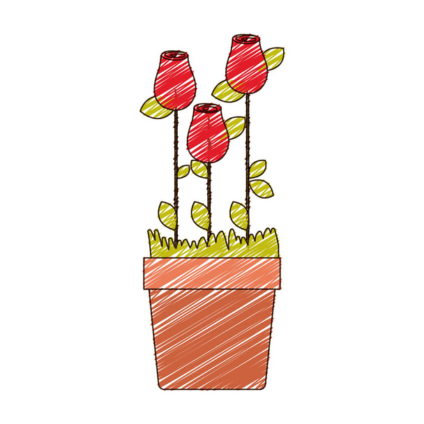 Dibujo a lápiz de color de capullos de rosa plantados con hojas en maceta
 - Vector, imagen