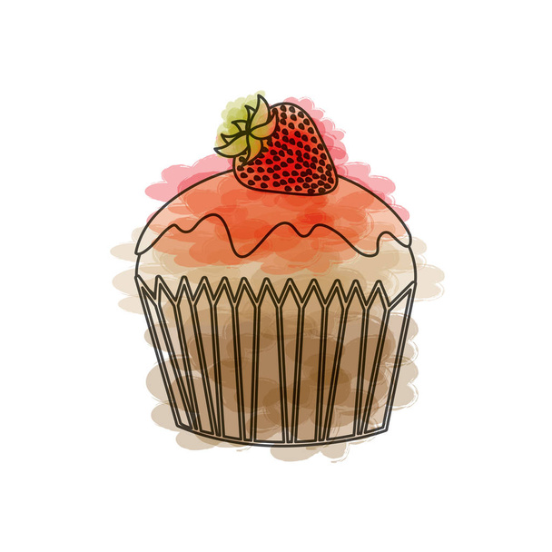 watercolor drawing of cupcake with strawberry fruit - Vector, Image