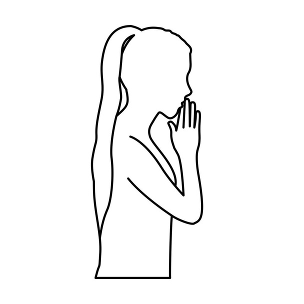 μονόχρωμη περίγραμμα του μισού σώματος κορίτσι προσεύχεται - Διάνυσμα, εικόνα