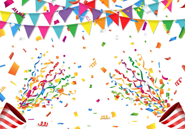 Bandera colorida, confeti y popper de fiesta sobre fondo blanco
 - Vector, imagen