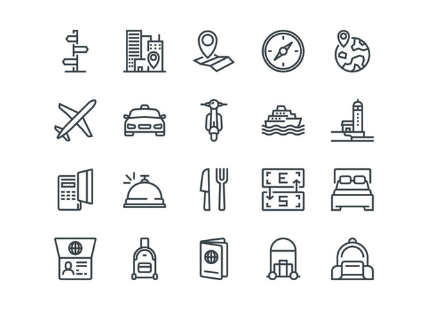 Travel. Set of outline vector icons. Includes such as Hotel, Route, Currency Exchange and other. Editable Stroke. 48x48 Pixel Perfect. - Vetor, Imagem