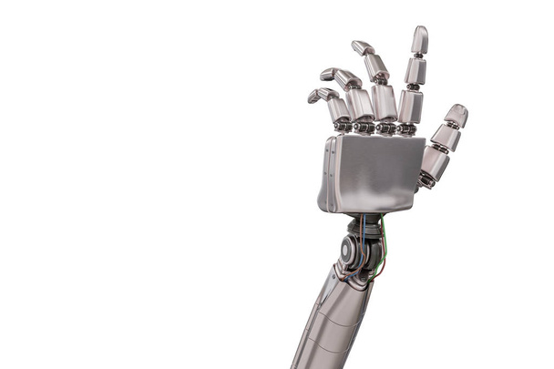 Cyborg metalen hand geïsoleerd op witte achtergrond. 3D-gerenderde afbeelding. - Foto, afbeelding