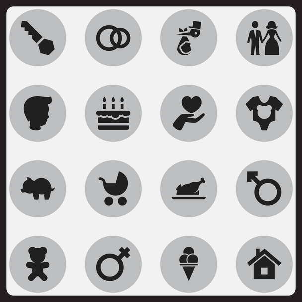 Set di 16 icone Kin modificabili. Include simboli come pollo fritto, segno di donna, emblema dell'uomo e altro ancora. Può essere utilizzato per la progettazione web, mobile, UI e infografica
. - Vettoriali, immagini