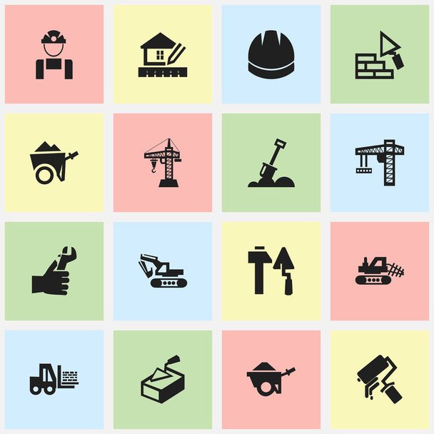 Set Of 16 Editable Building Icons. Includes Symbols Such As Employee, Lifting Equipment, Spatula And More. Can Be Used For Web, Mobile, UI And Infographic Design. - Vector, Image