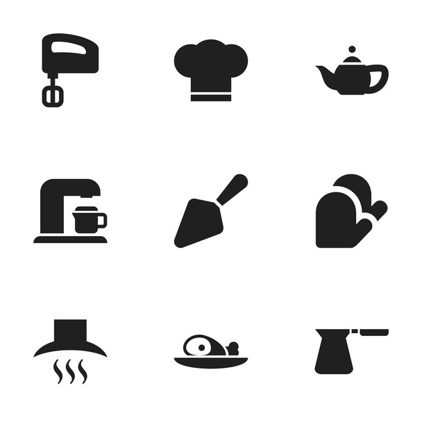 Set de 9 iconos de comidas editables. Incluye símbolos como agitador, pala de comida, campana de cocina y más. Puede ser utilizado para el diseño de la tela, móvil, interfaz de usuario e infografía
. - Vector, imagen