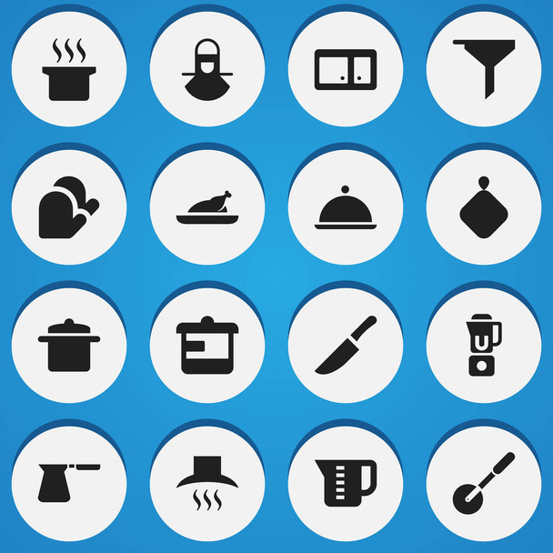 Satz von 16 editierbaren Food-Symbolen. beinhaltet Symbole wie Kaffeekanne, Topfhalter, Messer und mehr. kann für Web-, Mobil-, UI- und Infografik-Design verwendet werden. - Vektor, Bild