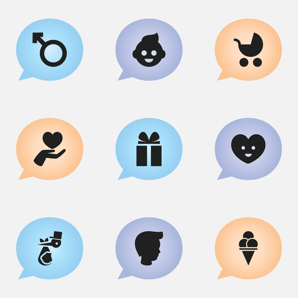 Conjunto de 9 iconos de gente editable. Incluye símbolos tales como alma, emblema del hombre, perambulador y más. Puede ser utilizado para el diseño de la tela, móvil, interfaz de usuario e infografía
. - Vector, Imagen