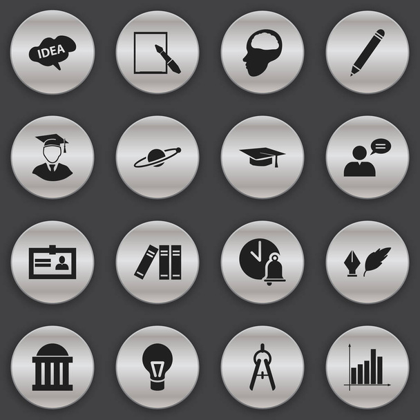 Conjunto de 16 iconos de graduación editables. Incluye símbolos tales como sala de audiencias, papel de notas, sombrero de graduación y más. Puede ser utilizado para el diseño de la tela, móvil, interfaz de usuario e infografía
. - Vector, Imagen