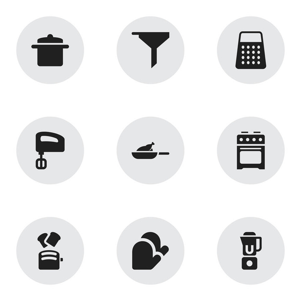 Набор из 9 столовых иконок для еды. Includes Symbols such as Hand Mixer, Shredder, Agitator. Can be used for Web, Mobile, UI and Infographic Design
. - Вектор,изображение
