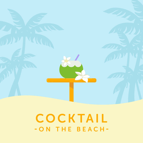 Cocktail in coconut and bar table on a palm silhouette background - Vector, Image