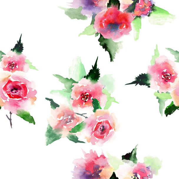 Elegant sophisticated lovely floral colorful spring summer pink and red roses with green leaves bouquets diagonal pattern watercolor hand illustration - Fotoğraf, Görsel