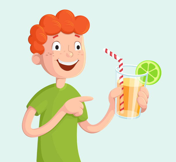 Soft drink. Boy with fresh drink vector illustration - Vector, Image