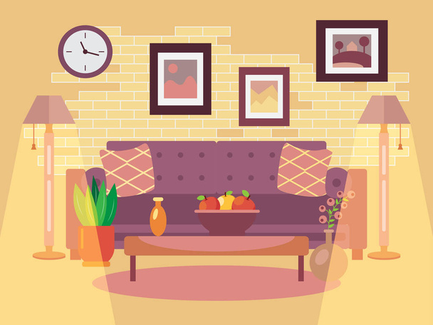 Interior da sala de estar em design plano
 - Vetor, Imagem