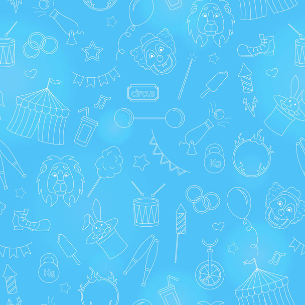 Seamless pattern on the theme of circus, simple contour icons, white  contour on blue  background - Vector, imagen
