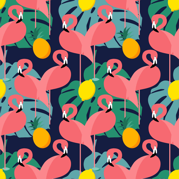 Seamless vector background with pink flamingos on a dark blue background. - Vektör, Görsel