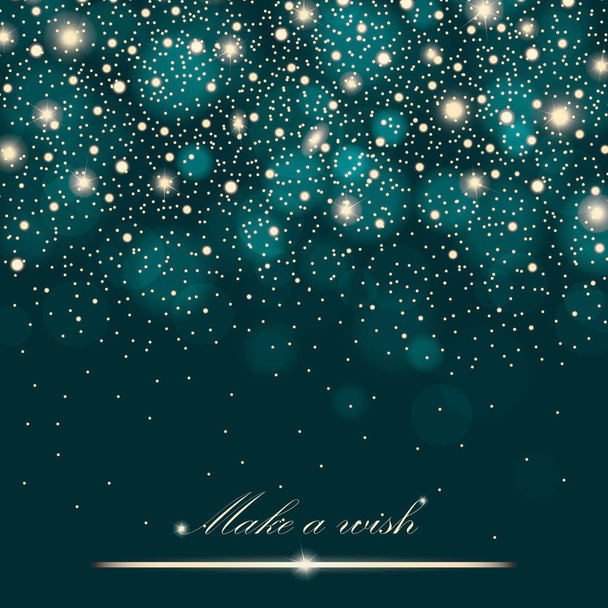 Gold glitter particles background effect for luxury greeting rich card. Sparkling texture. Star dust sparks in explosion on turquoise background - Photo, Image